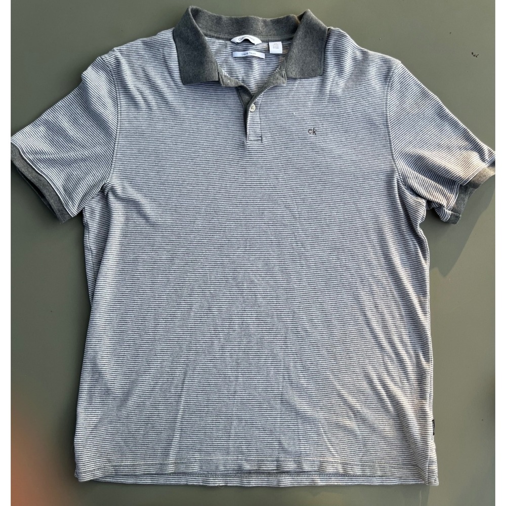 Calvin Klein Liquid Touch Polo Shirt Mens Medium Grey White Striped Short Sleeve